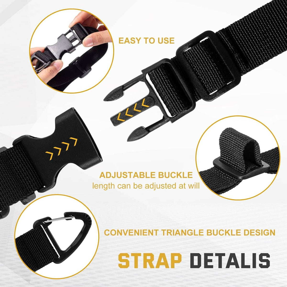 Black adjustable buckle strap with triangle clips for securing extension cords