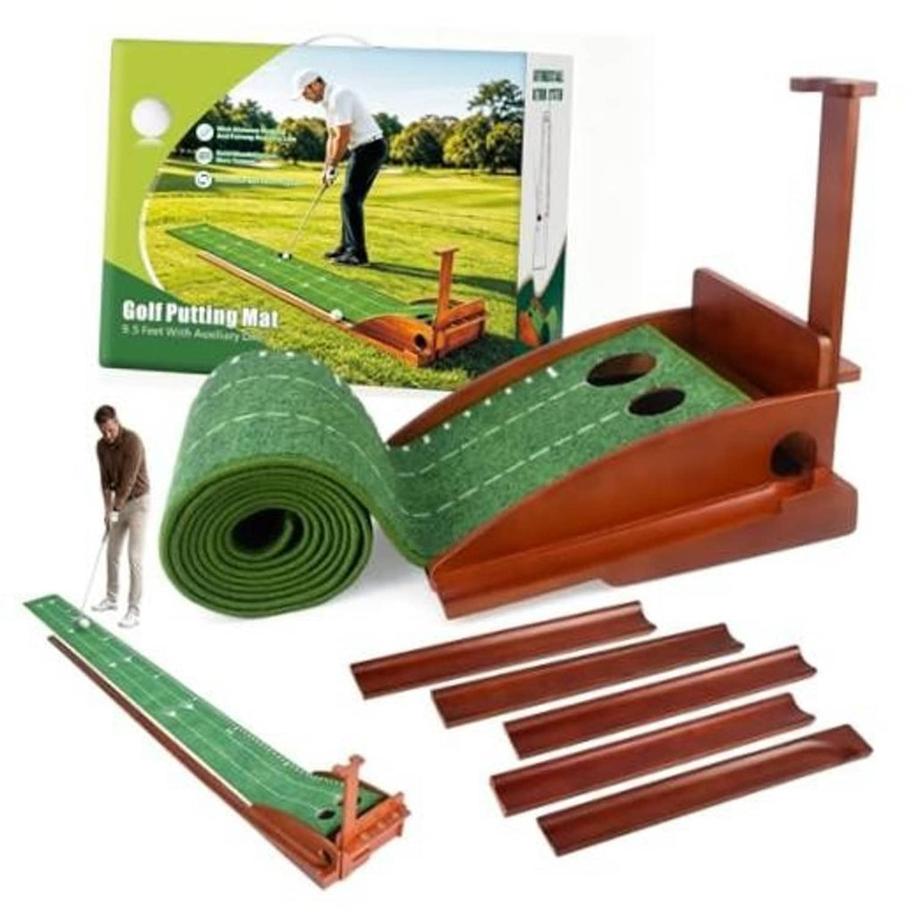 Indoor putting green mat kit with rolled turf, brown wooden auto ball return track