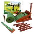 Indoor putting green mat kit with rolled turf, brown wooden auto ball return track
