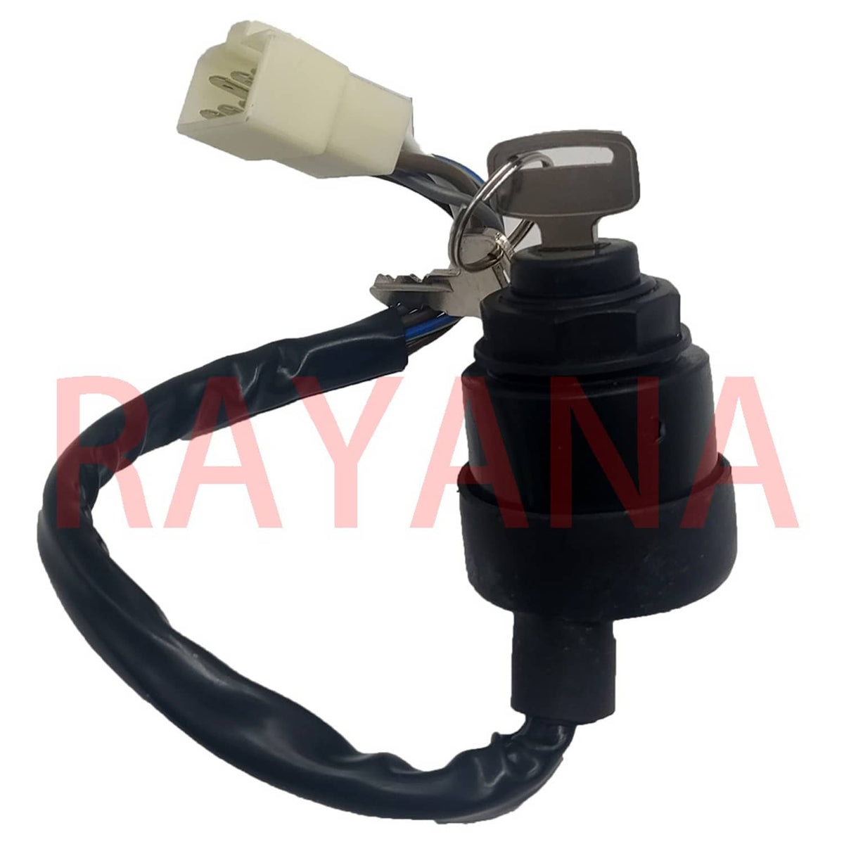 Ignition key switch with black housing, white connector, and metal keys with ring
