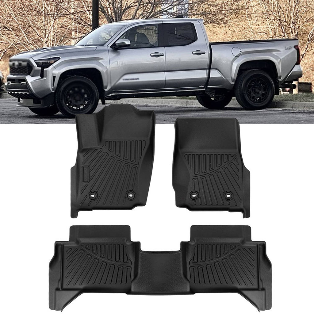 Black floor mats set showing front and rear coverage for a pickup truck cab floor