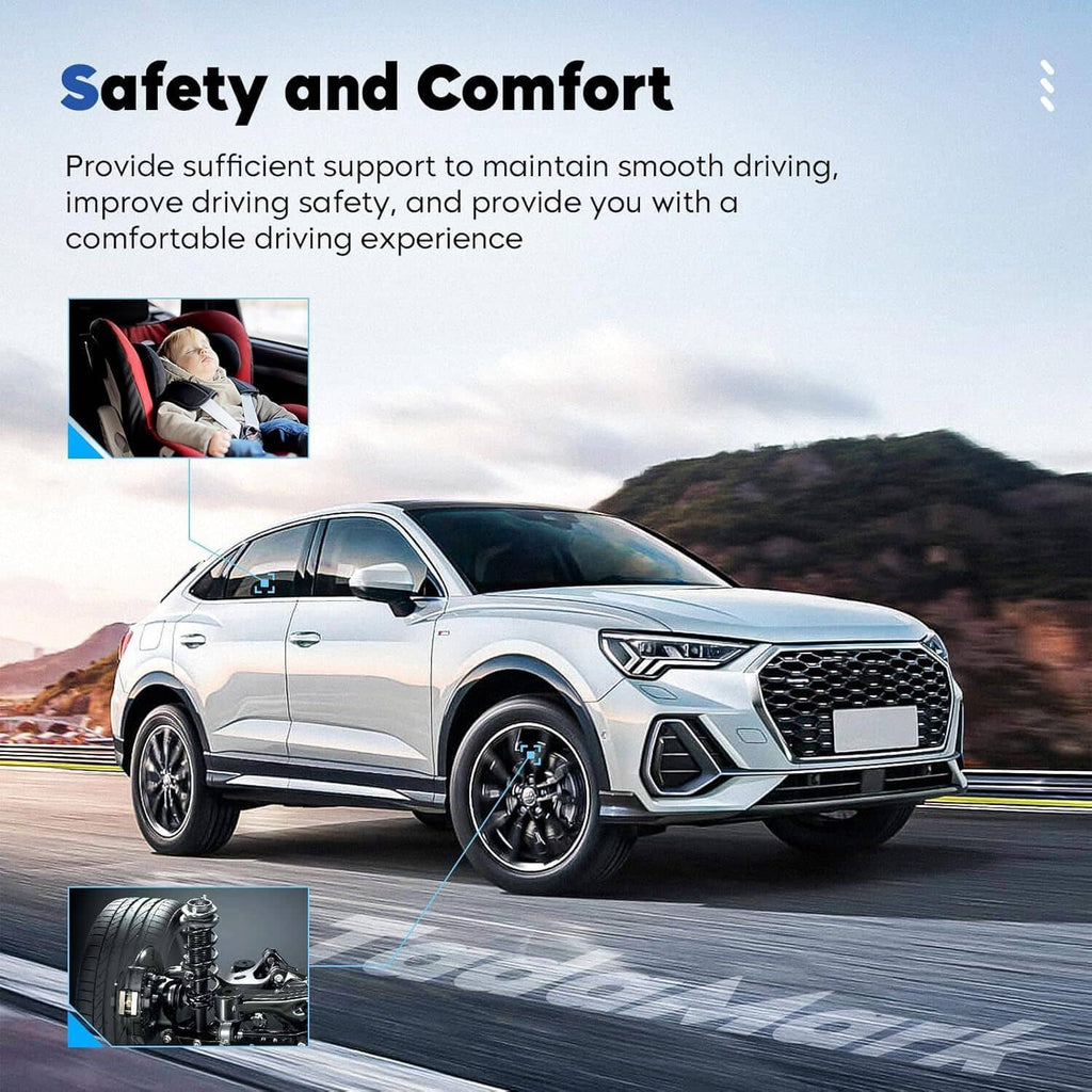 Vehicle front with safety and comfort infographic and small inset of shock absorber assembly