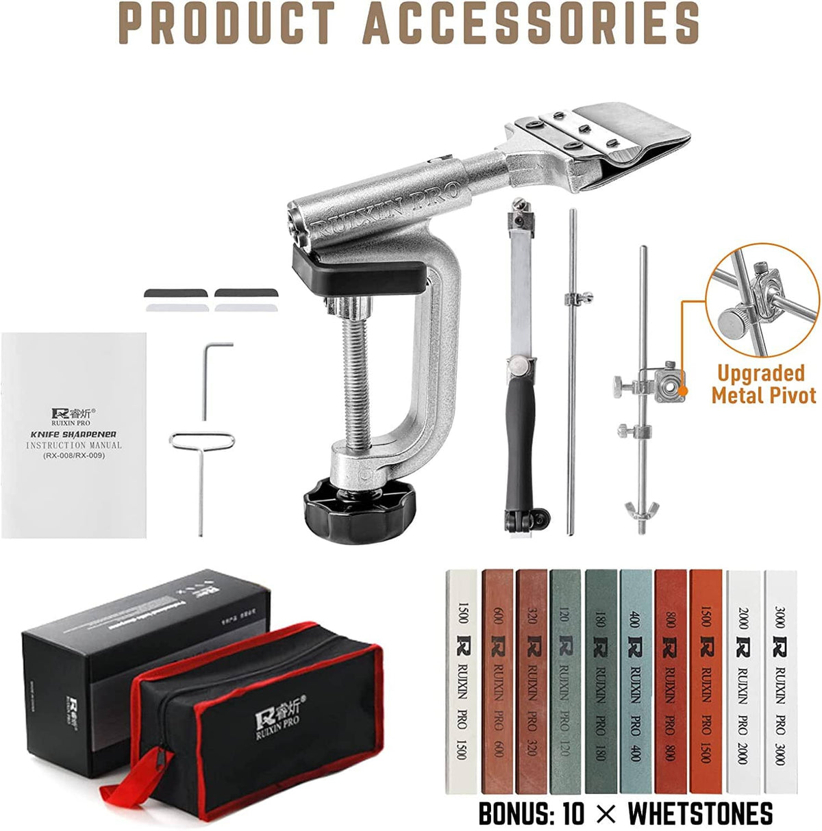 Metal pivot knife sharpener with clamps and stand, plus whetstone set and accessory parts
