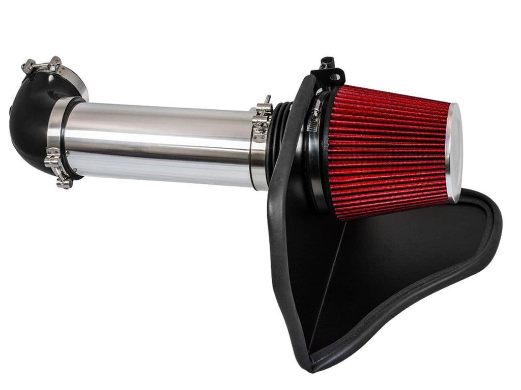 Cold air intake kit with red cone filter, black heat shield and silver tube