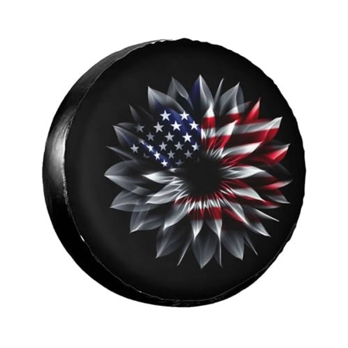 Universal spare tire cover with American flag flower center burst on black, round design