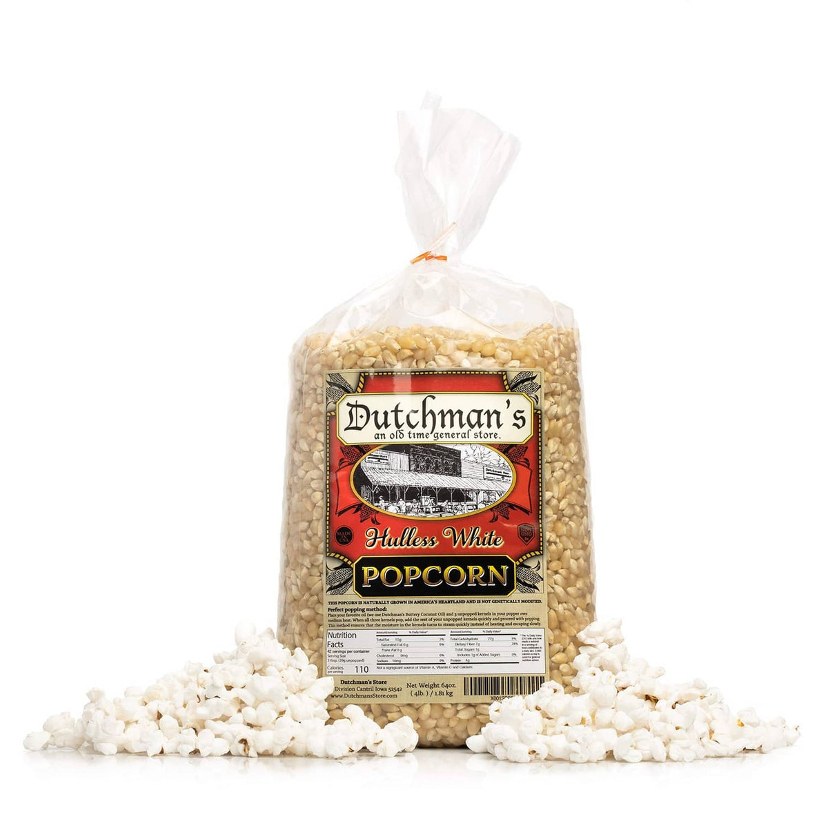 Dutchman's Hulless White popcorn kernels bag, medium kernels for popping