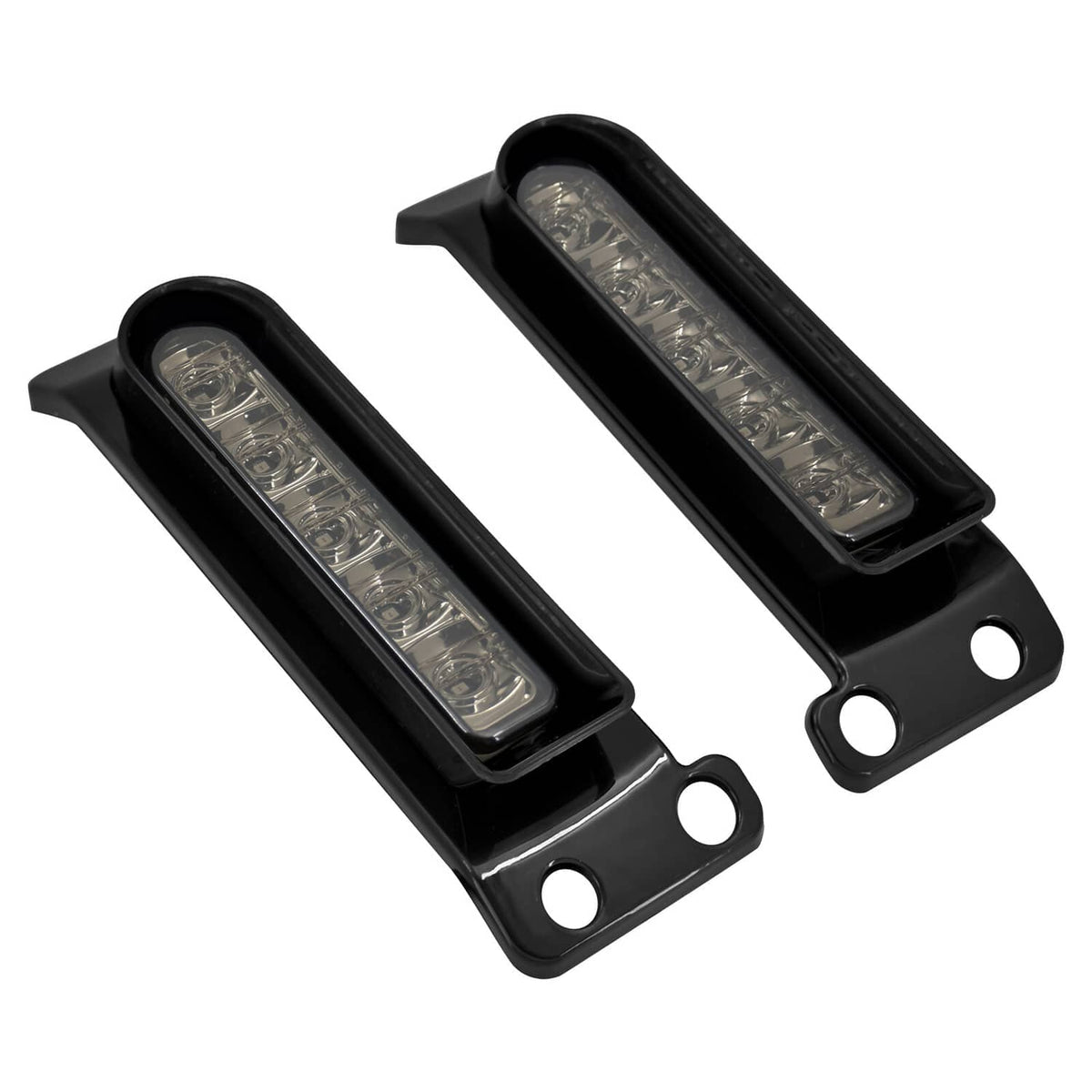 Overlapping diagonal angle of black LED light bars with clear lenses and mounting holes (pair).