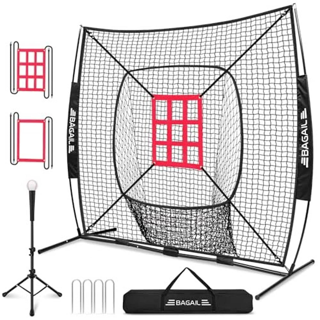 Baseball training net with red strike-zone target inside and support legs