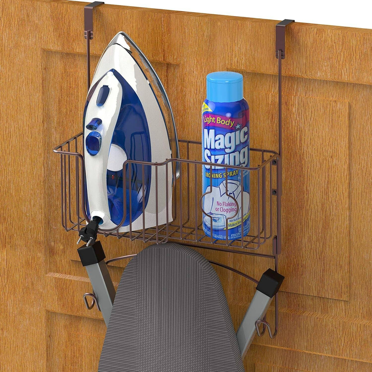 Bronze wire over-the-door organizer with ironing board cover and bottle storage shelf