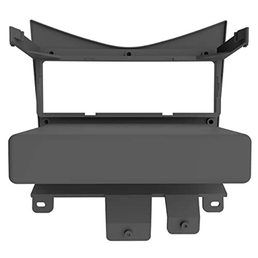 Single DIN dash trim housing with radio bezel opening, dark gray