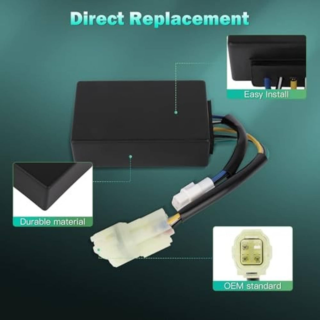 Black ignition module with attached wiring harness and two white connector plugs