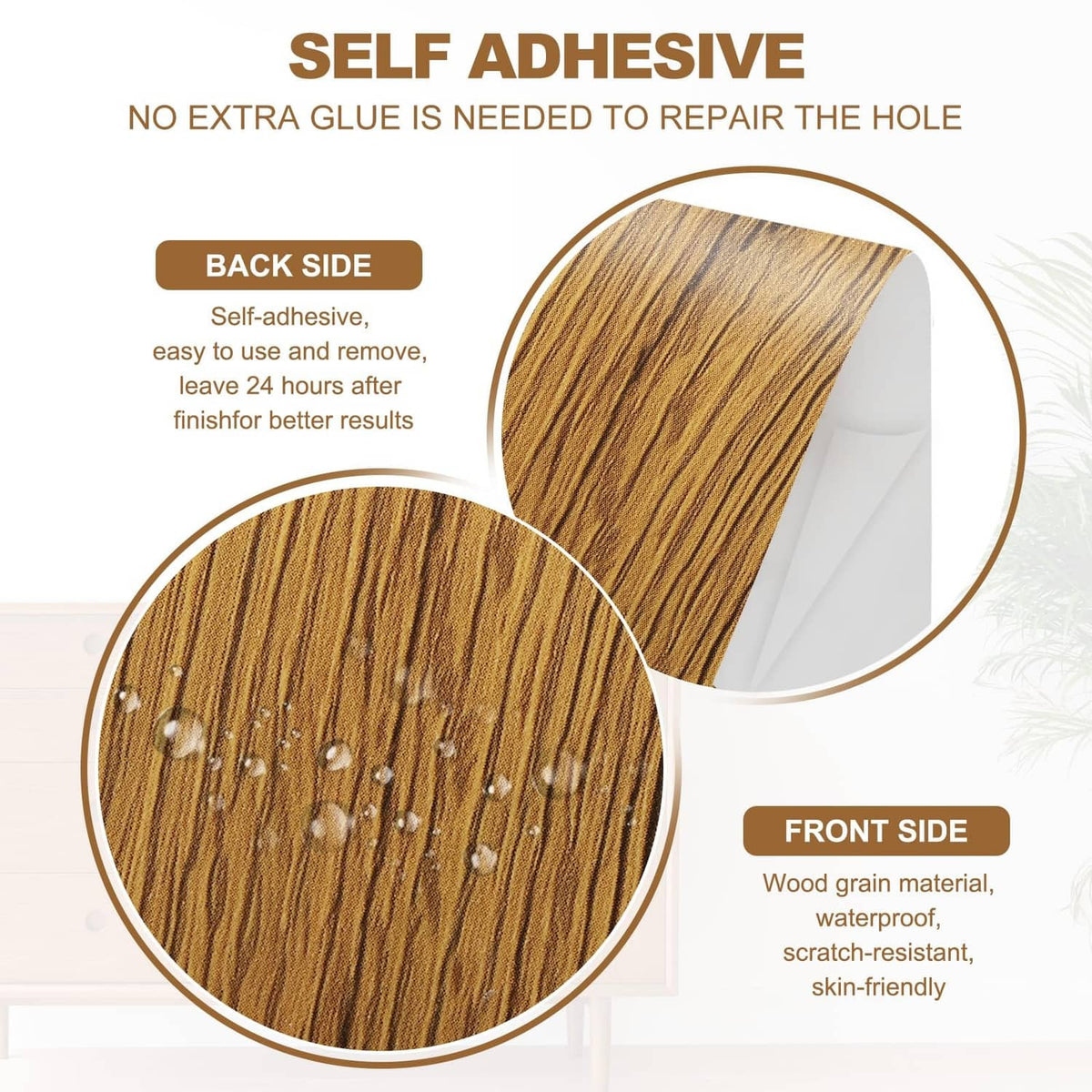 Close-up of yellow teak wood grain self-adhesive repair tape backing and front