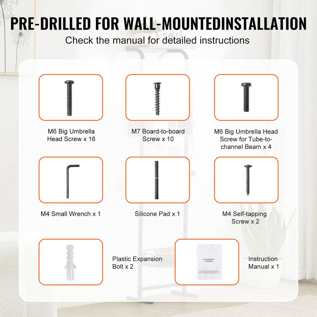 Assembly hardware set for wall-mounting a dog feeding station, including screws and expansion bolts