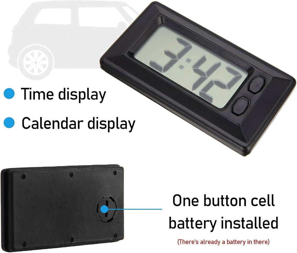 Mini digital clock with LCD showing 3:25 and calendar, plus one-button battery rear
