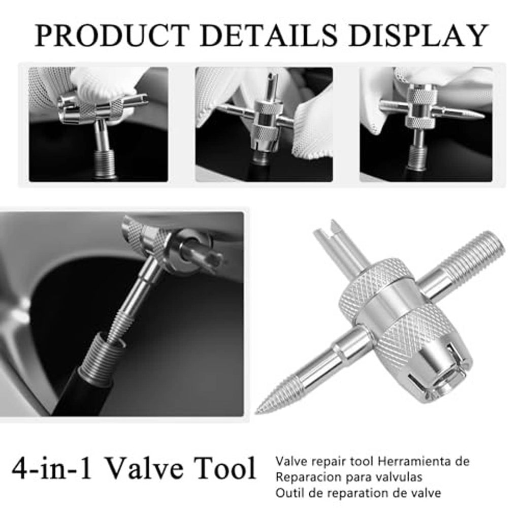 Metal 4-in-1 valve tool with textured grip and threaded connector