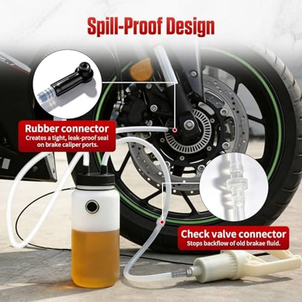 Motorcycle brake bleeder bottle with spill-proof design, check valve connector, and clear fluid tubing