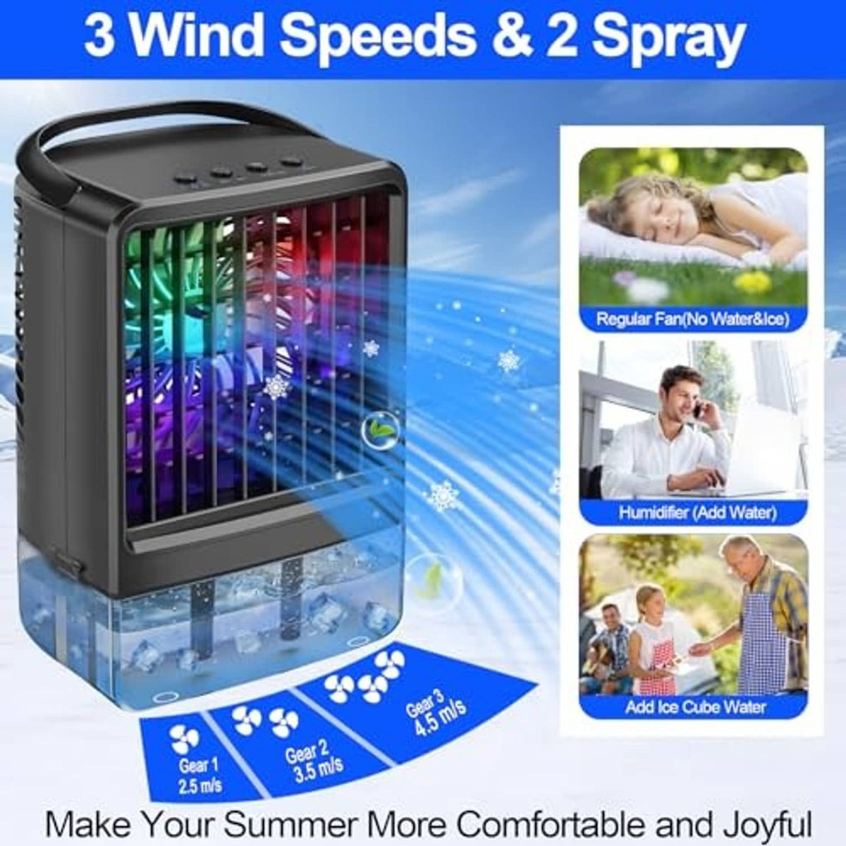 Portable air conditioner cooling fan with multi-color LED glow through the front window
