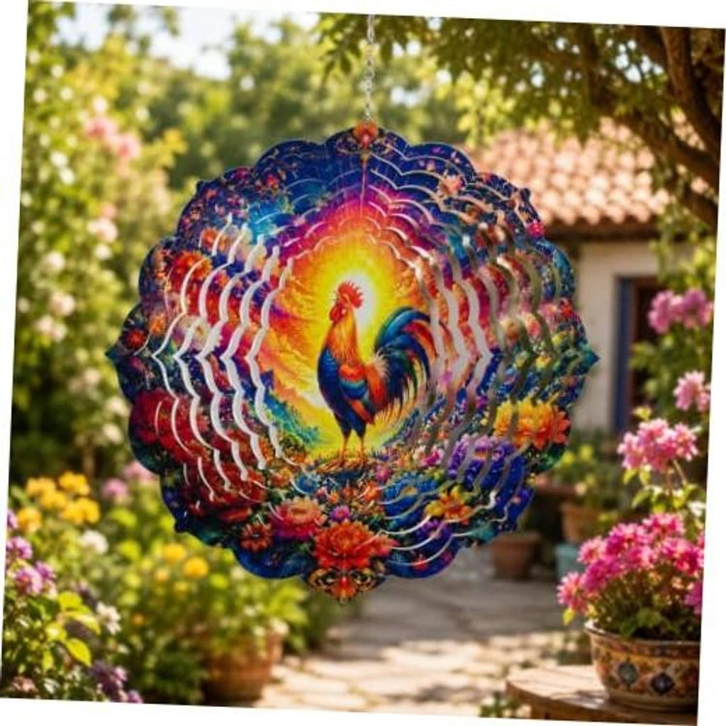 Colorful rooster hanging wind spinner with layered 3D circular metal design