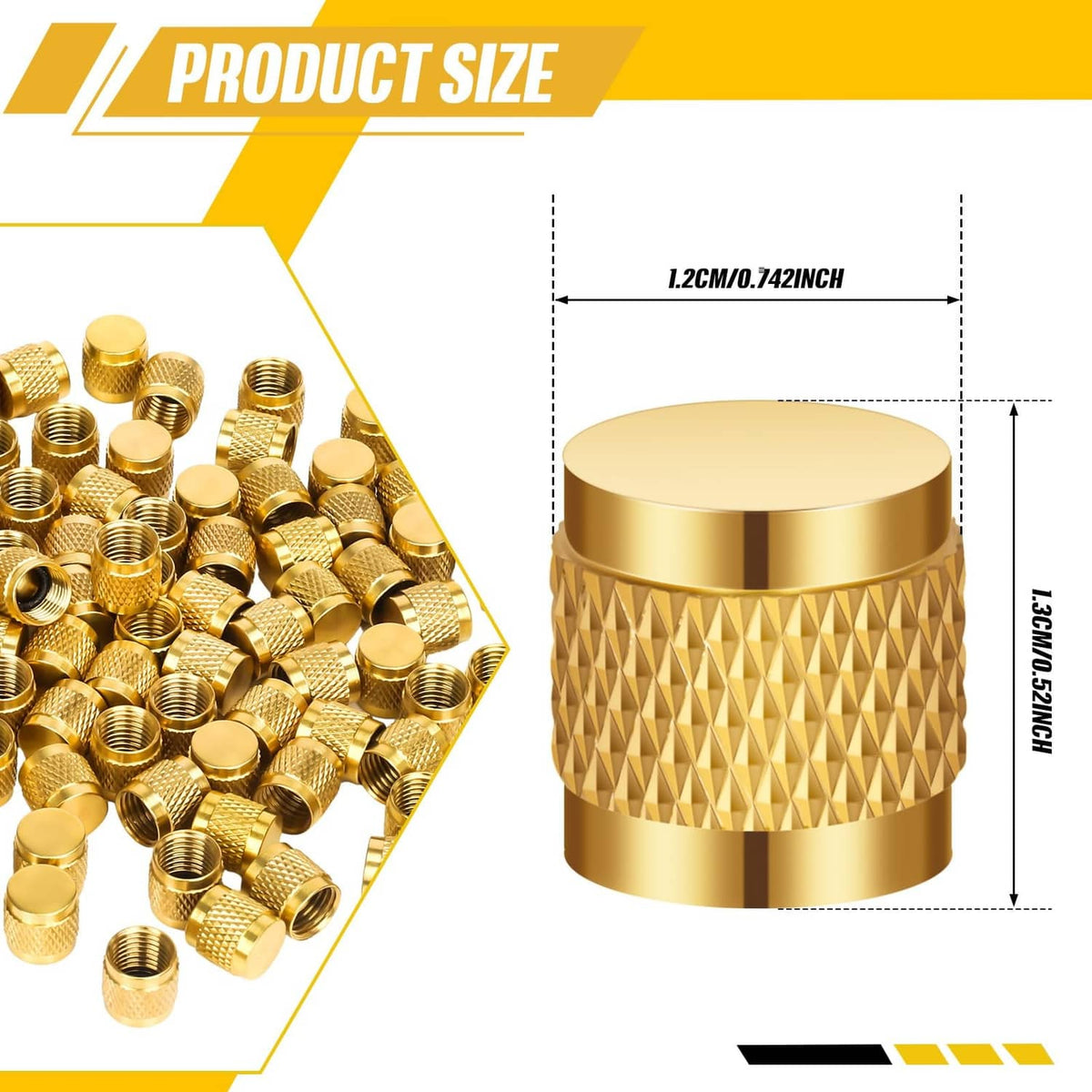 Gold brass flare cap valve cover with knurled sides and flat top, neoprene o-ring seal