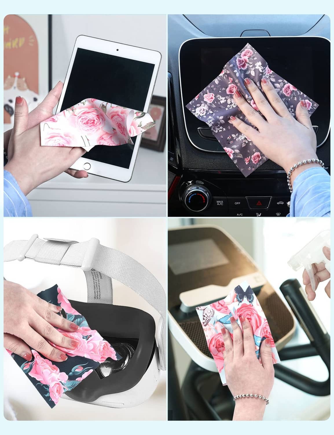 Floral cleaning cloth used to wipe a tablet and car console screens