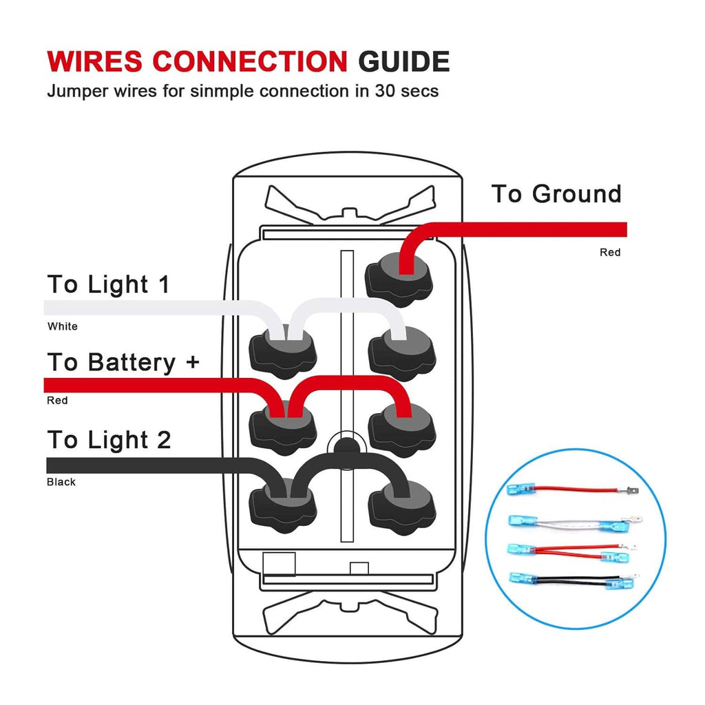 Rocker switch wiring diagram with red/white/black leads and labeled connections