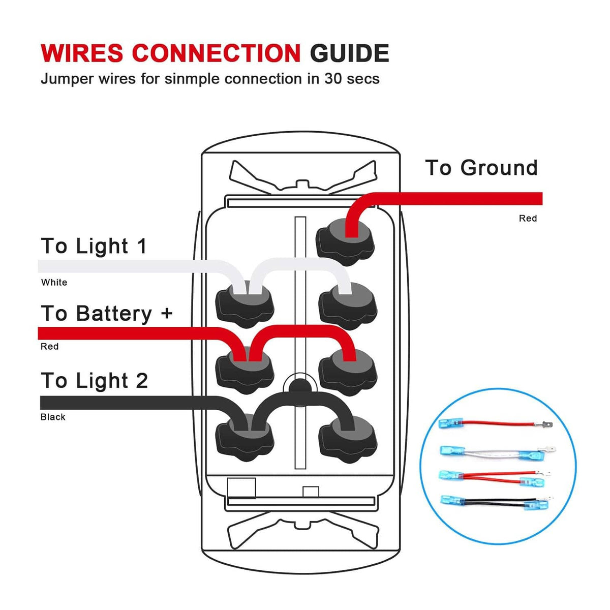 Rocker switch wiring diagram with red/white/black leads and labeled connections