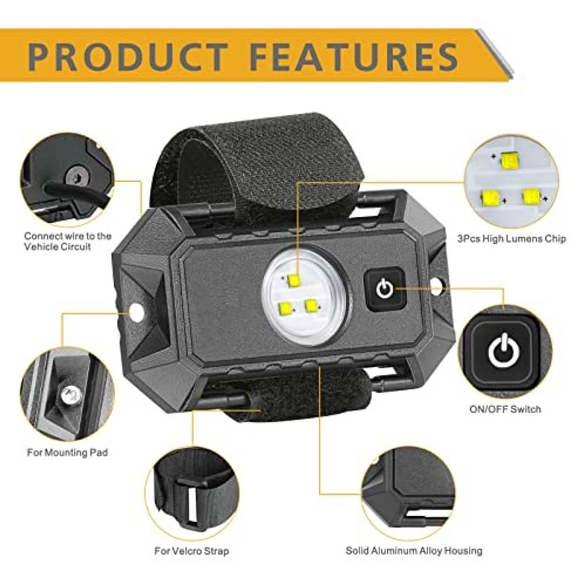 Dark gray LED dome light detail with white LED lens, on/off switch, and mounting points