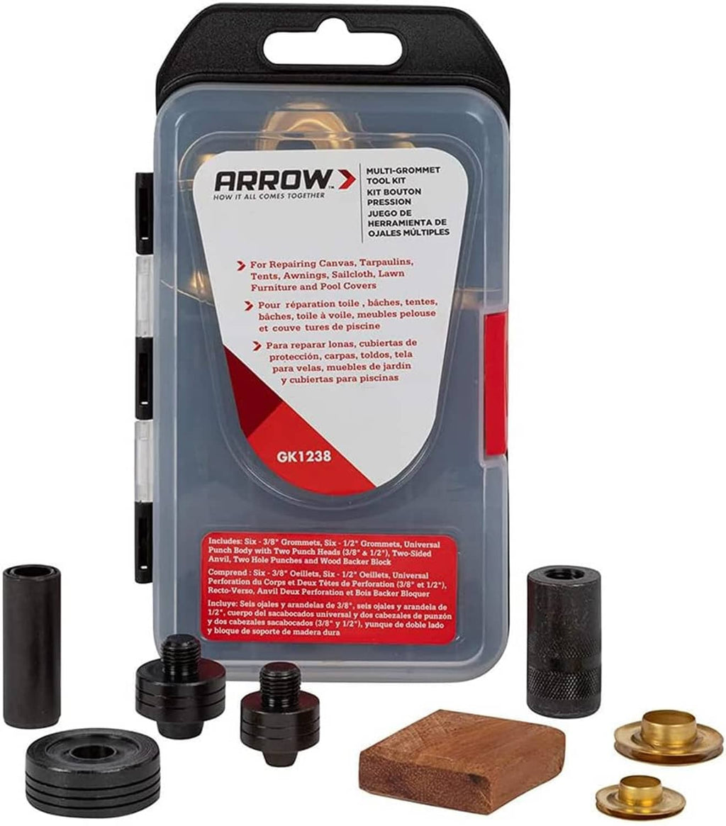 Arrow GK1238 grommet tool kit showing included grommets and setting tools