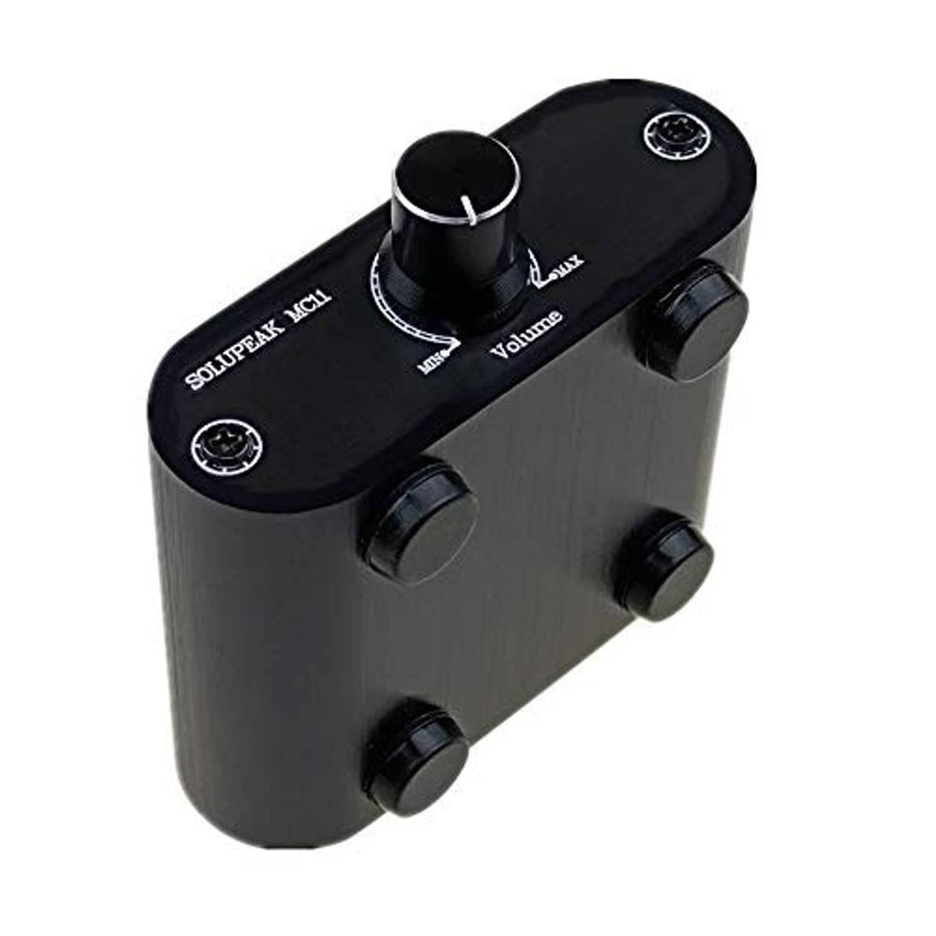 3.5mm audio volume control box with dark metal body, side volume dial and cable ports.