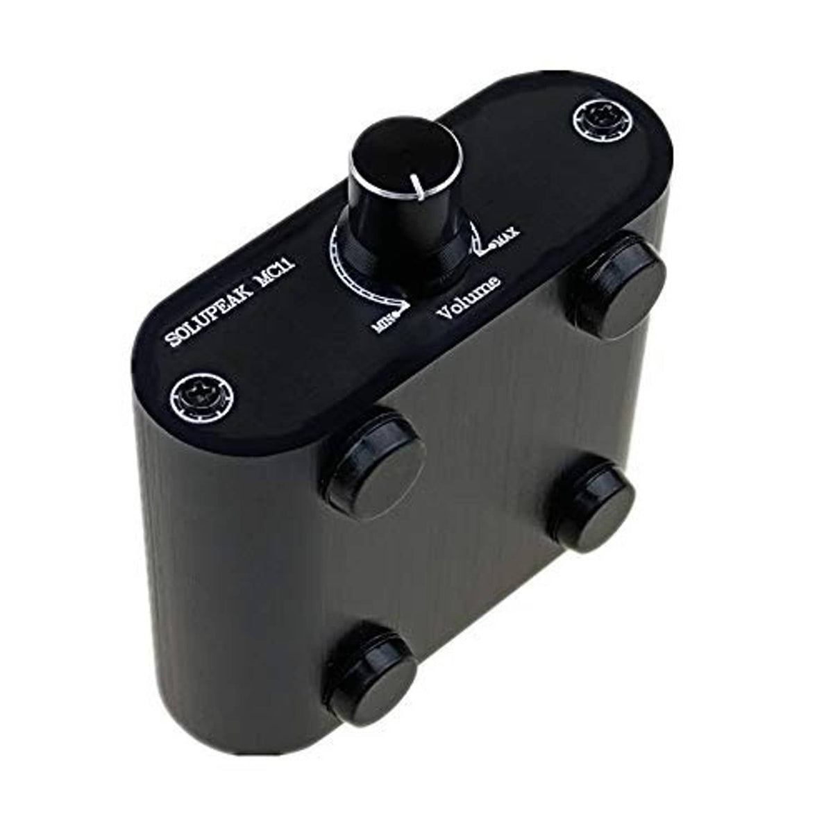 3.5mm audio volume control box with dark metal body, side volume dial and cable ports.