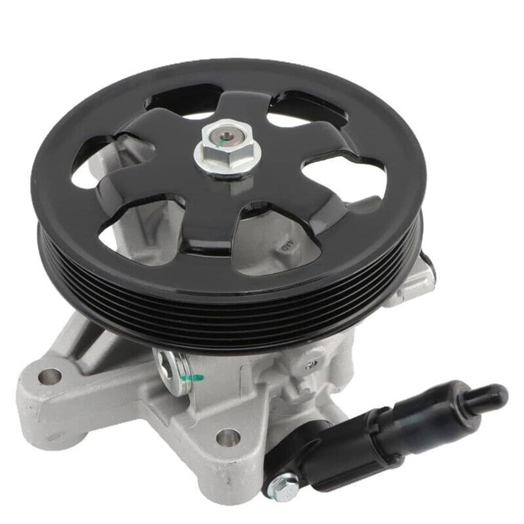 Power steering pump with black pulley, gray body, and side outlet hose