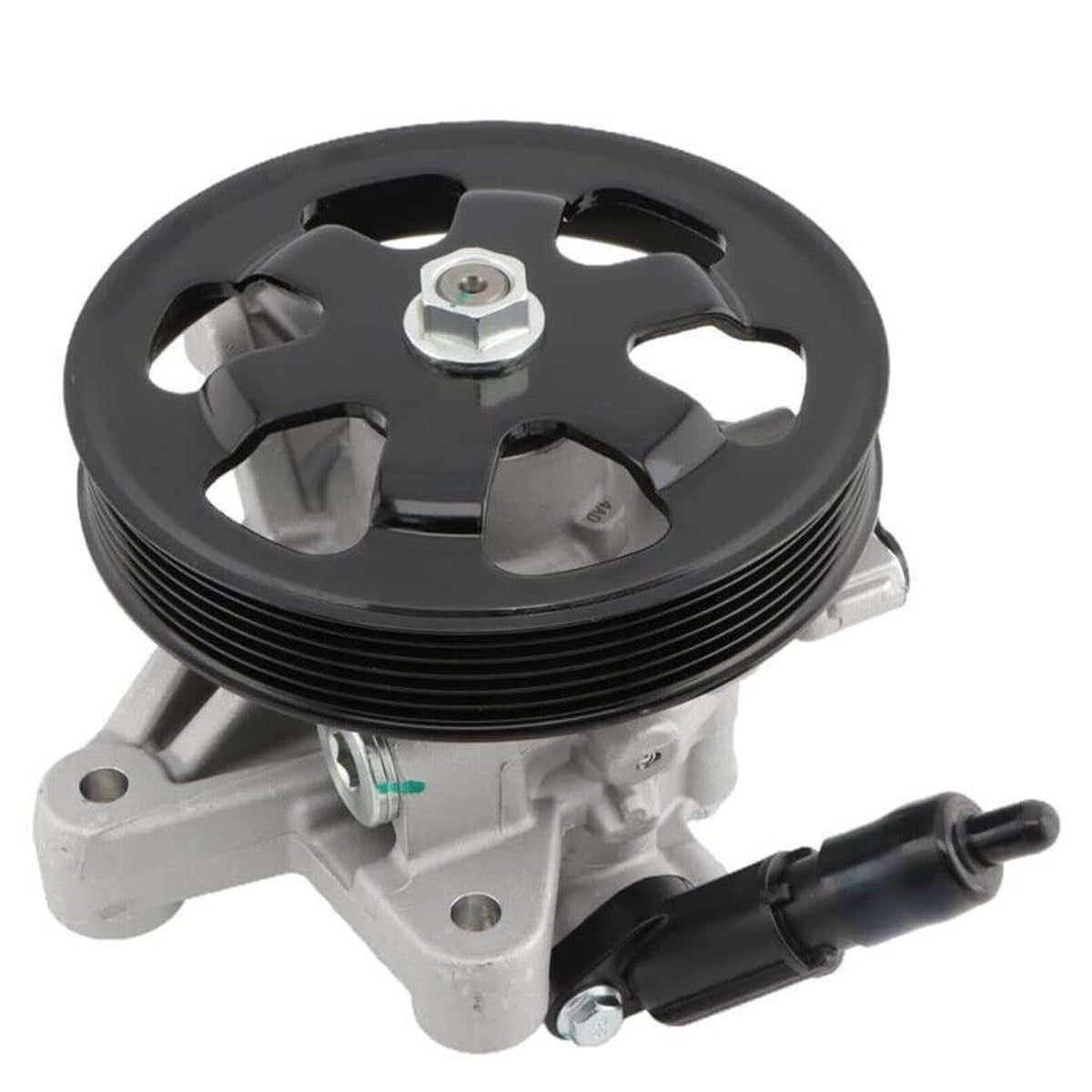 Power steering pump with black pulley, gray body, and side outlet hose