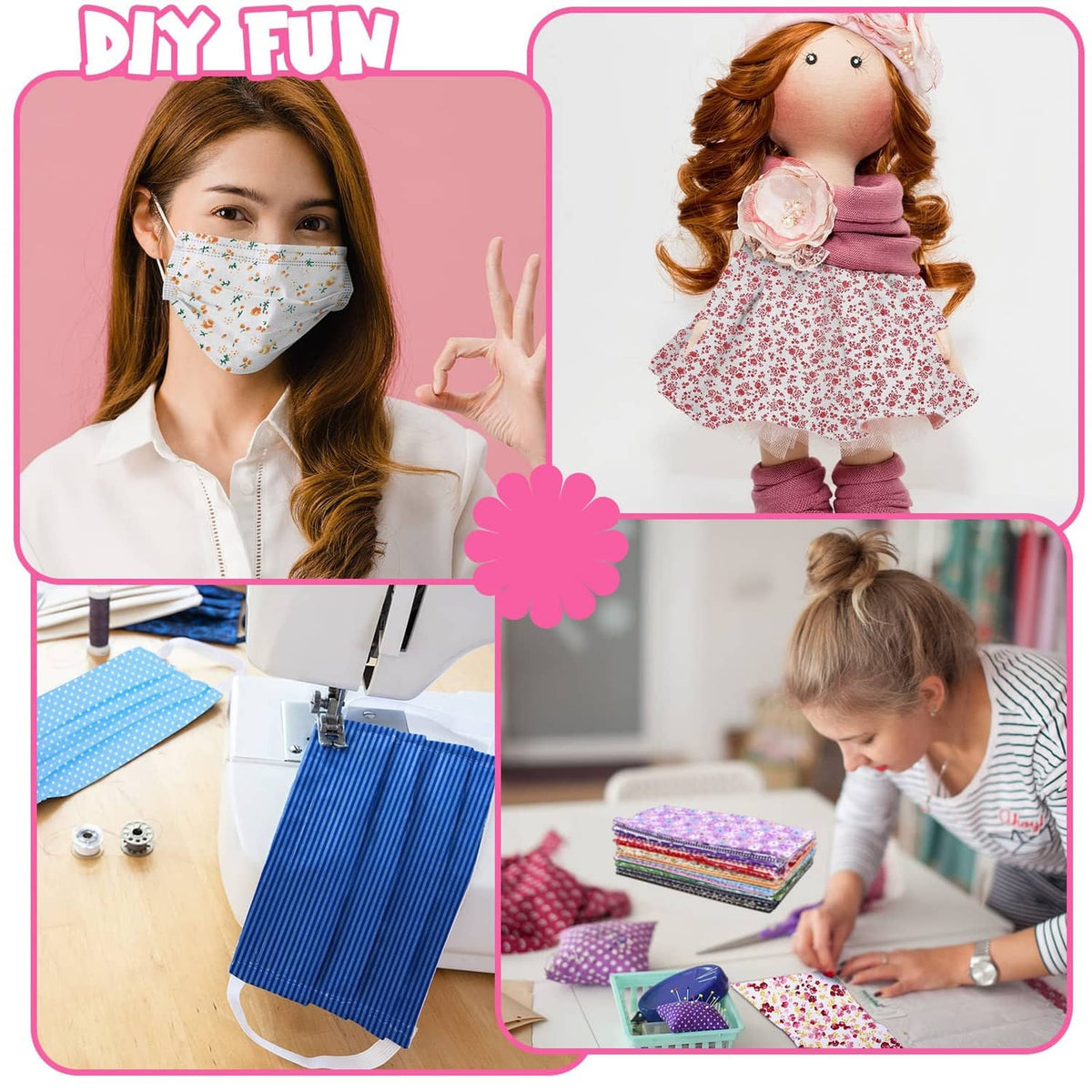 Colorful cotton fabric squares for DIY sewing shown with kid craft projects