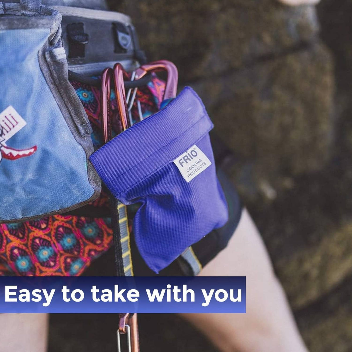 FRIO blue cooling pouch attached to a bag strap with FRIO label
