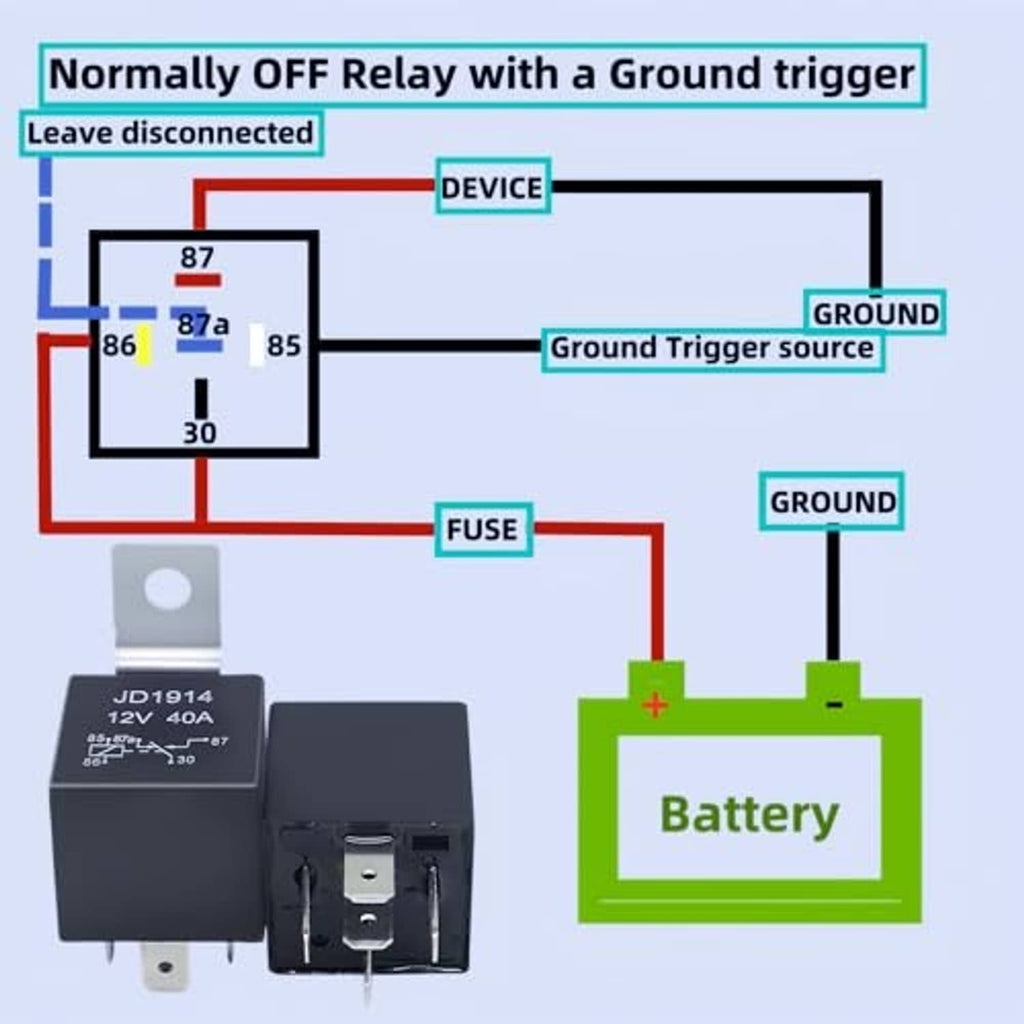 Normally off relay circuit schematic with ground trigger, fuse, and battery terminals