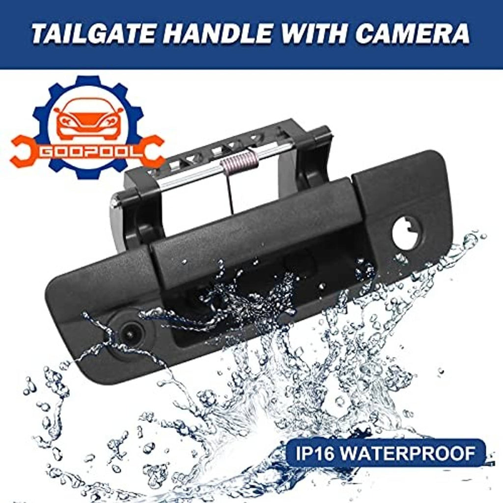 Black tailgate handle backup camera with round lens and water-resistant housing