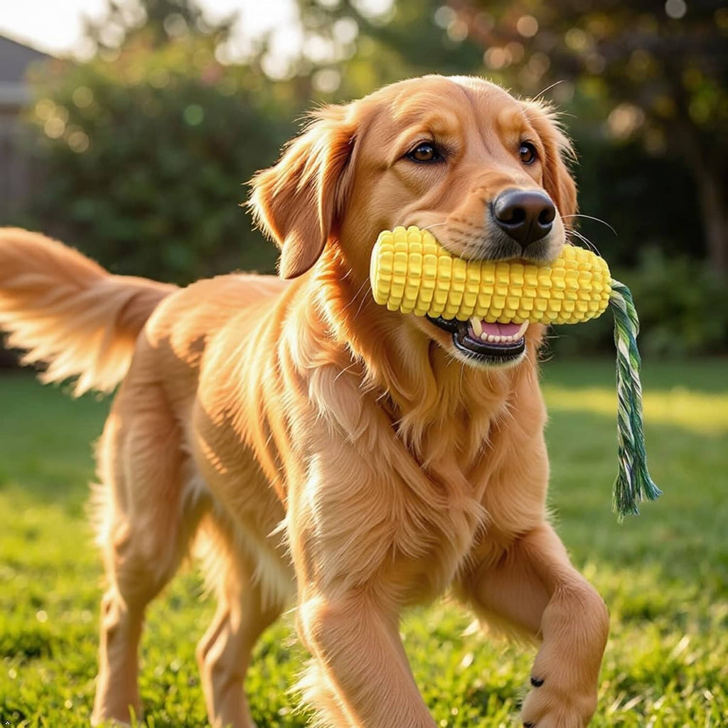 Yellow ribbed chew toy with green rope in a dog’s mouth