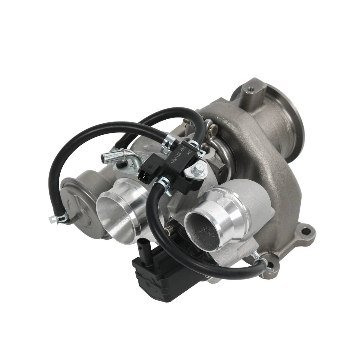 Turbocharger with two outlet housings, black wiring, and mounting bracket