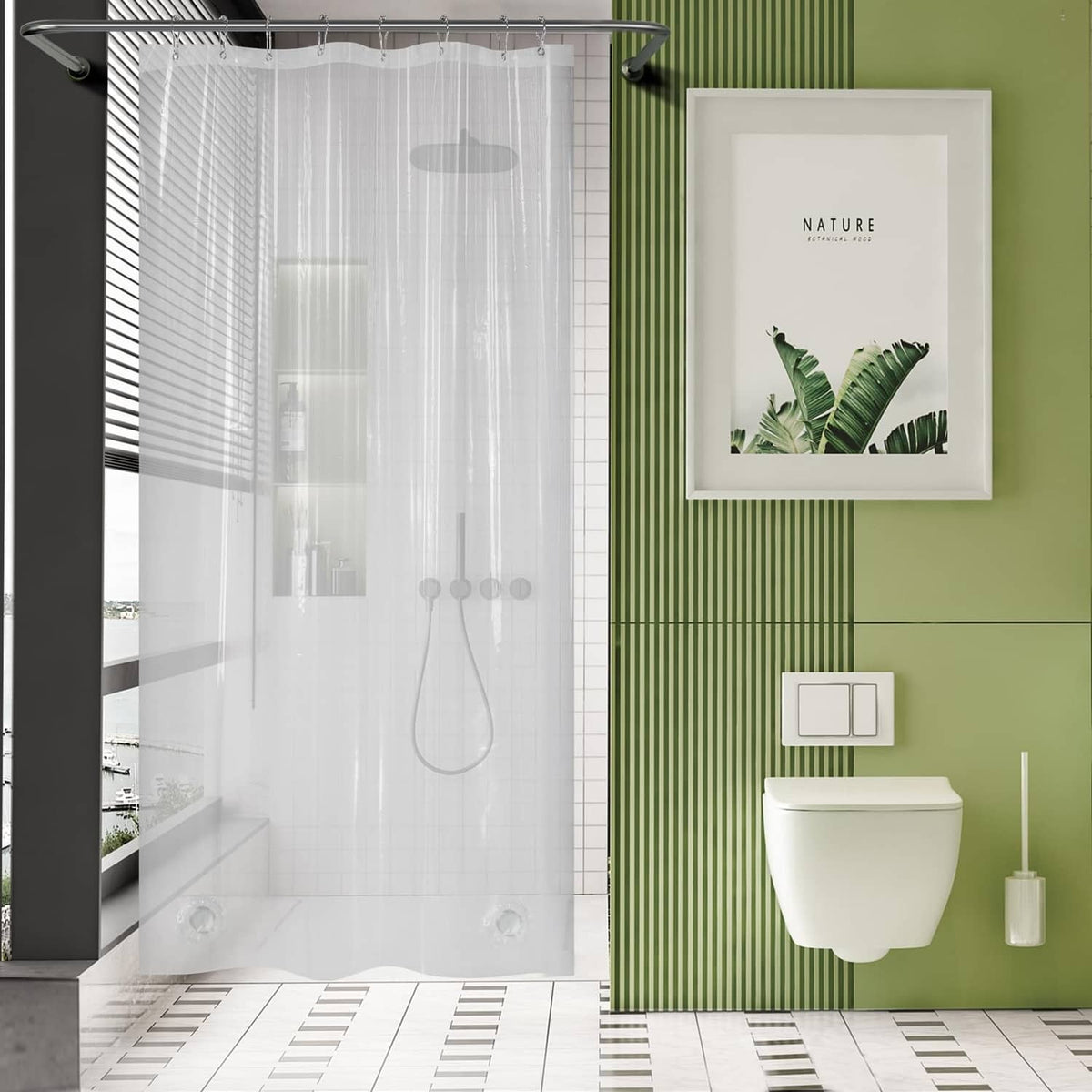 Clear shower curtain liner with eyelets and hanging rings for stall or tub