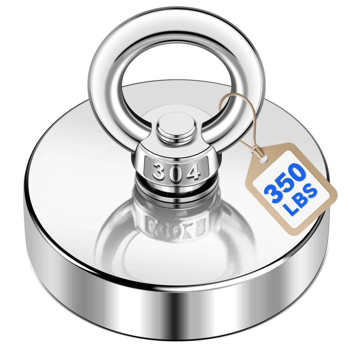 Stainless steel fishing magnet with ring handle and 304 stamp, with 350 lbs tag