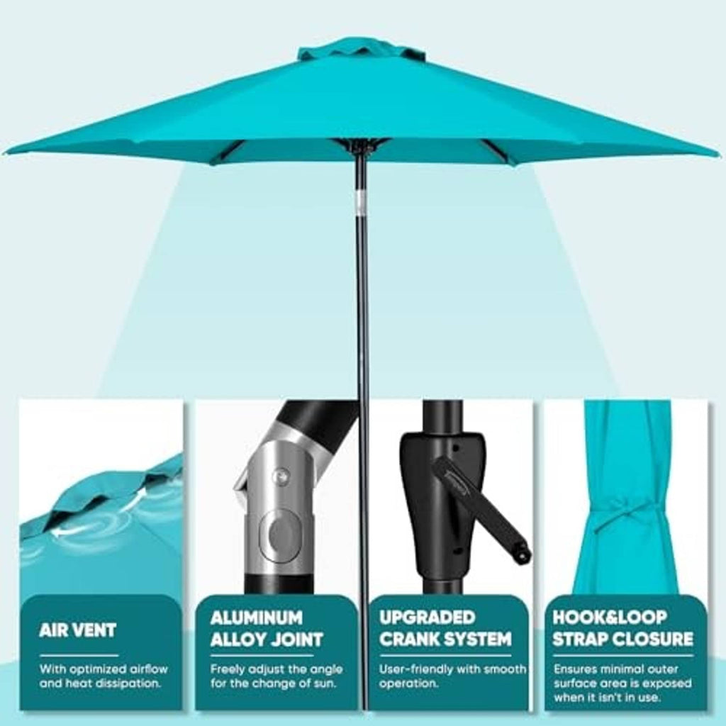 Turquoise patio umbrella with crank tilt handle and adjustable pole detail