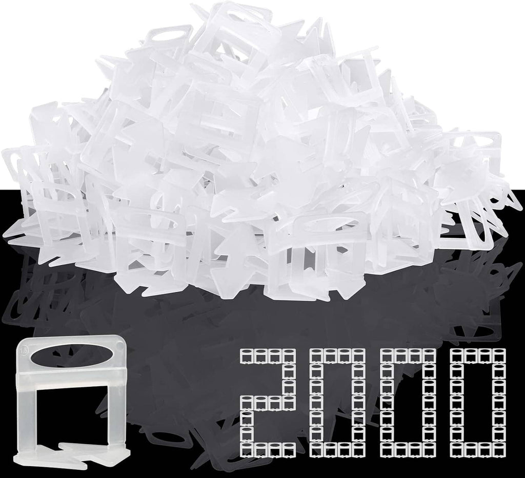 White plastic tile leveling spacers clips set with base plates and multiple clip pieces
