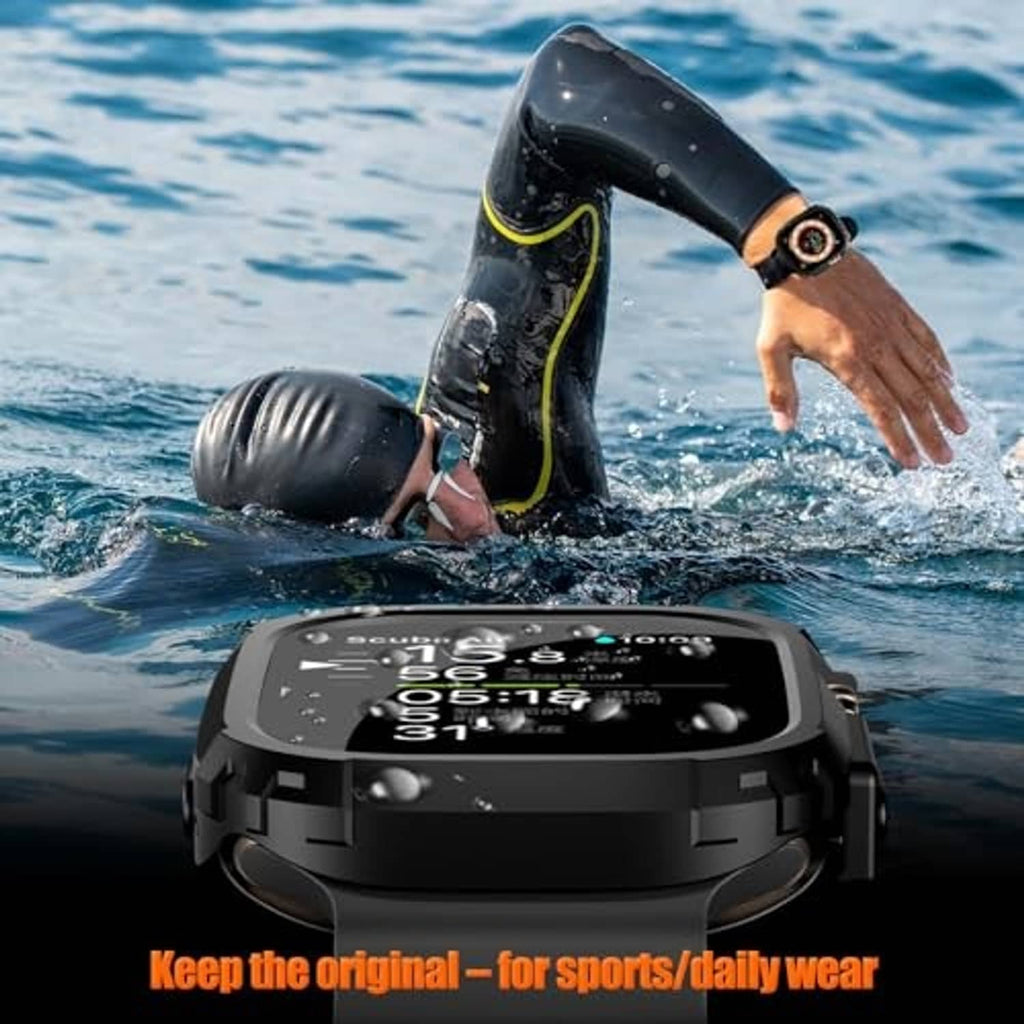 Shockproof Apple Watch Ultra bumper on watch in wet conditions with water splash