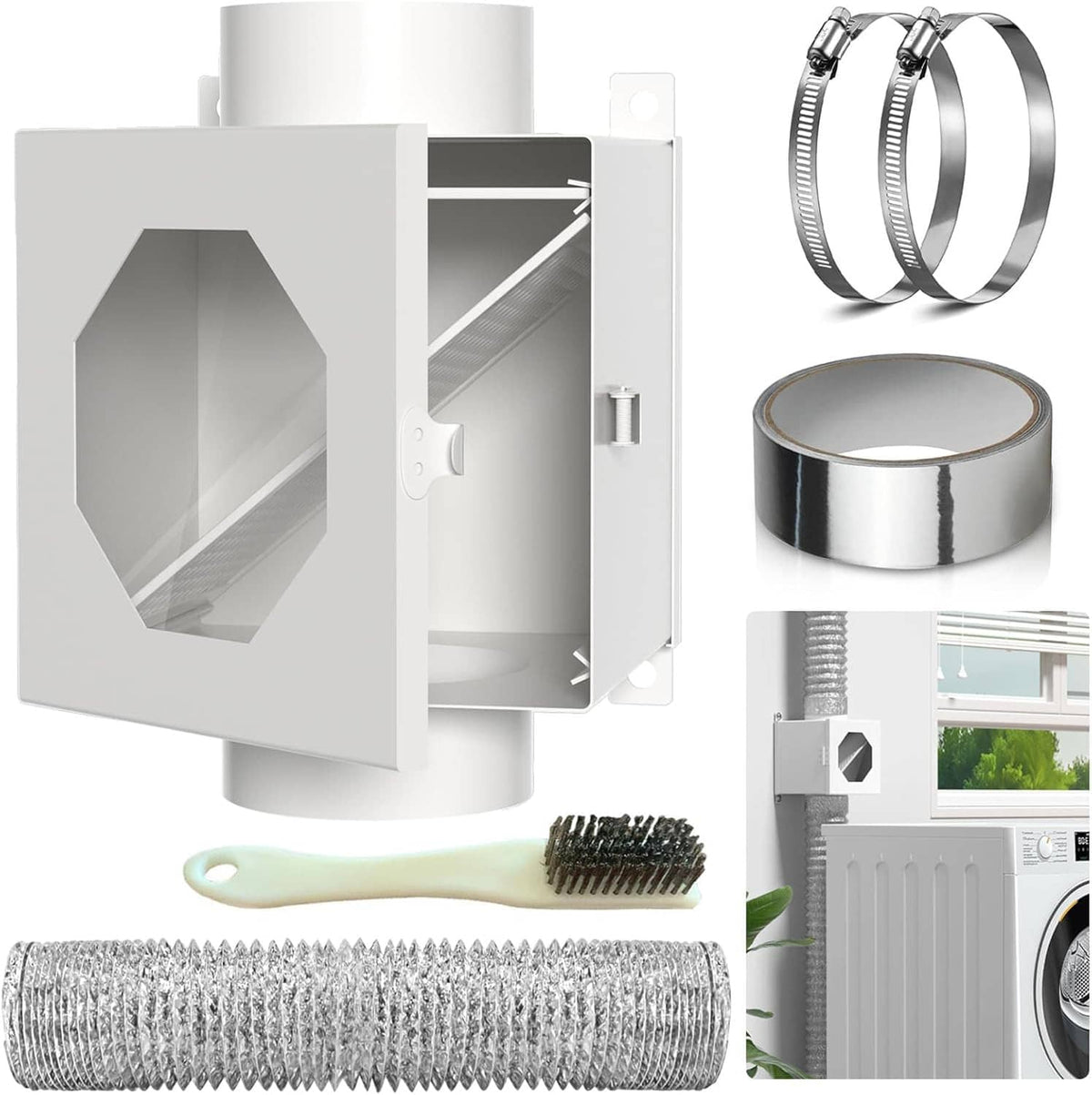 Metal lint trap kit: vent box, hose clamps, lint brush, and flexible foil duct