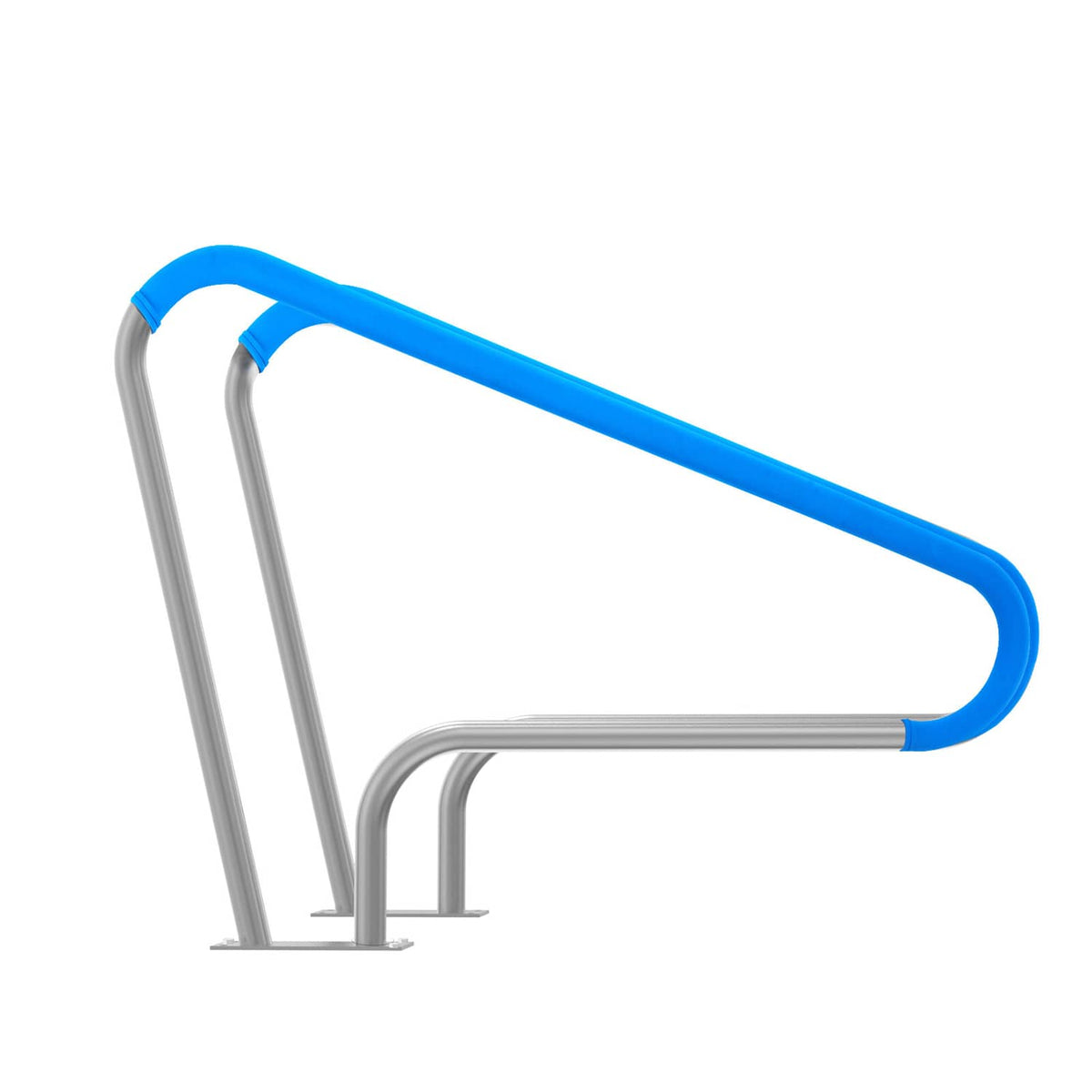 Blue-grip stainless steel pool handrail with U-shaped support and base plate feet
