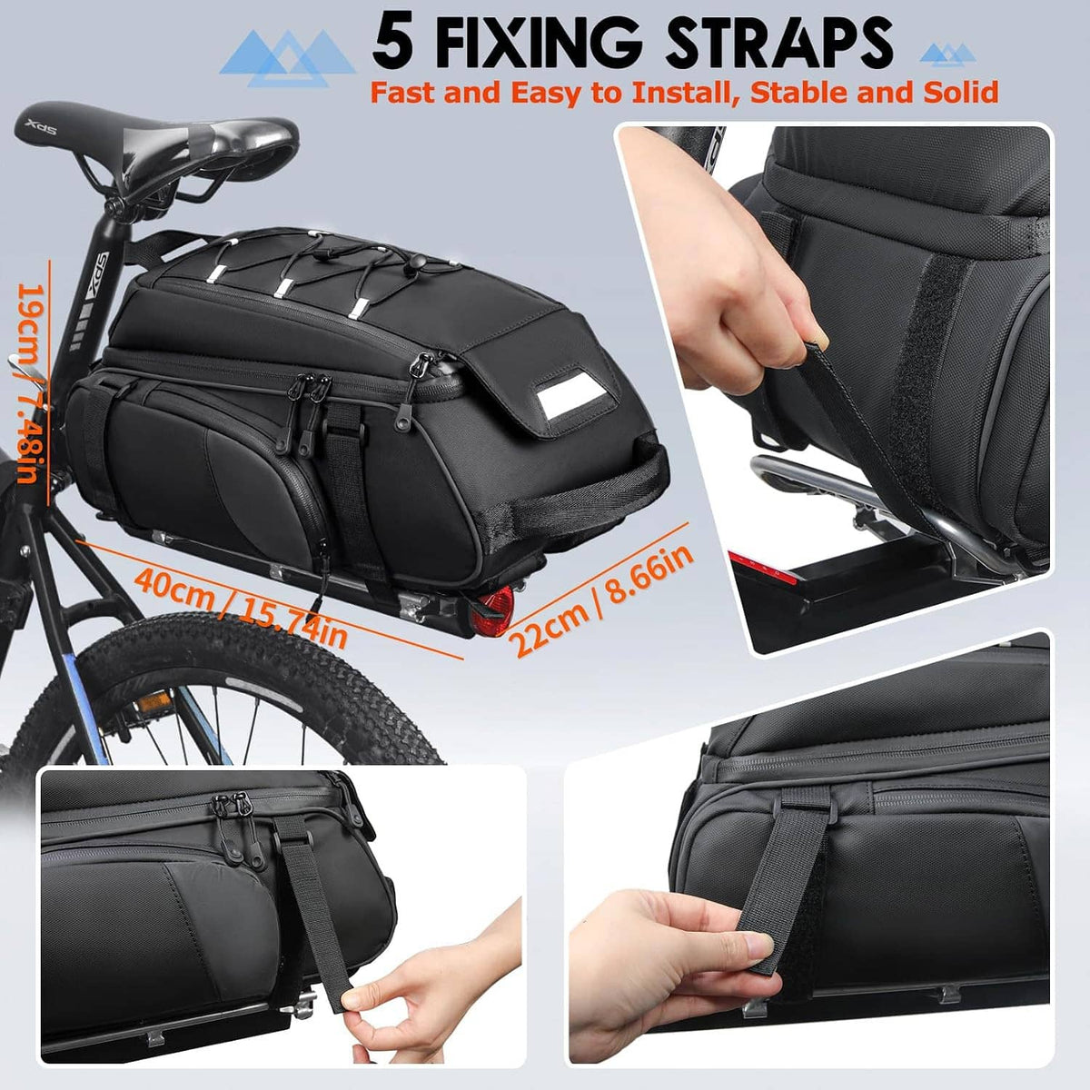 Black 5-strap bicycle rear rack bag with elastic cords and secure mounting system