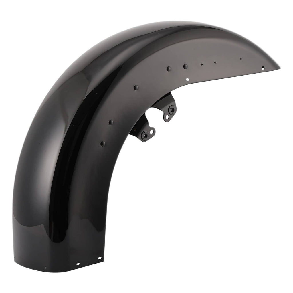 Glossy black front wrap-around fender with drilled holes and side mounting bracket