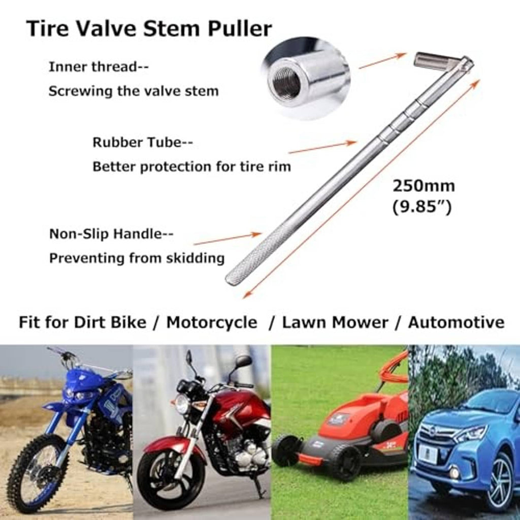 Tire valve stem puller with non-slip handle, screw-thread tip, and rubber protective tube