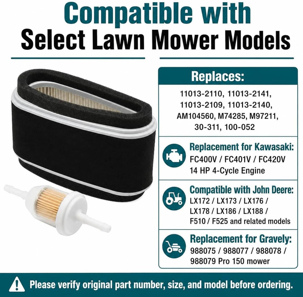 Air filter kit with black foam pre-filter, pleated paper element, and white fuel filter