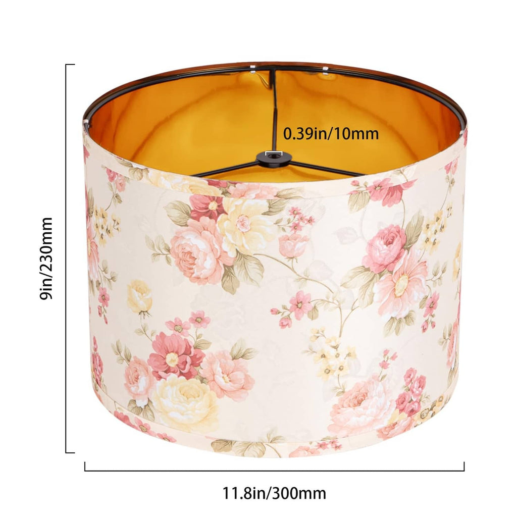 Floral drum lamp shade, pink rose pattern, 11.8 in x 9 in, gold-lined interior
